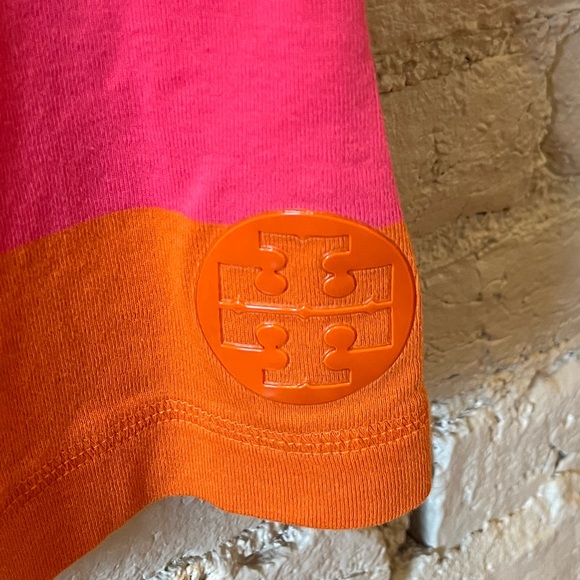 Tory Burch Bright Pink/Orange Striped Boatneck Top, logo on hip and buttons, S - Picture 2 of 6
